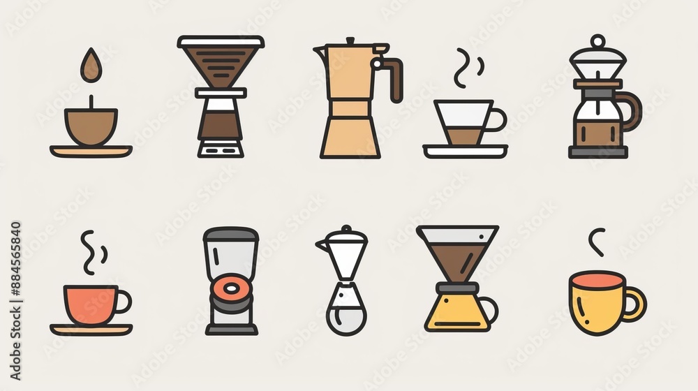 This image features an array of coffee icons, showcasing different cups and brewing methods, each depicted in a simple and clean design, ideal for coffee enthusiasts. This image features an array of coffee icons, showcasing different cups and brewing methods, each depicted in a simple and clean design, ideal for coffee enthusiasts.