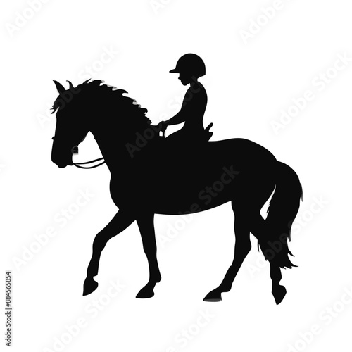 child riding a horse, vector silhouette illustration, white background, 