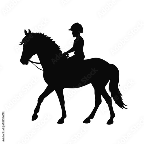 child riding a horse, vector silhouette illustration, white background, 