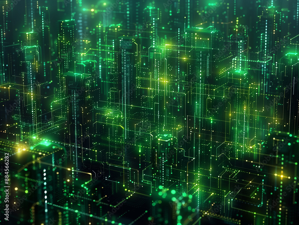 Grüne Linien aus Computercode formen eine stadtähnliche Ansicht mit Hochhäusern und Straßen, dunkler Hintergrund im Querformat Grüne Linien aus Computercode formen eine stadtähnliche Ansicht mit Hochhäusern und Straßen, dunkler Hintergrund im Querformat