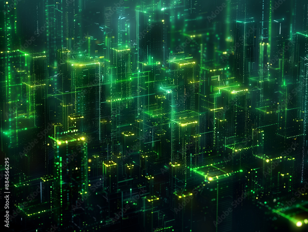 Eine Hochhausmetropole, die aus grünem Licht und Datencode entsteht, futuristisch-abstrakter Hintergrund im Querformat Eine Hochhausmetropole, die aus grünem Licht und Datencode entsteht, futuristisch-abstrakter Hintergrund im Querformat