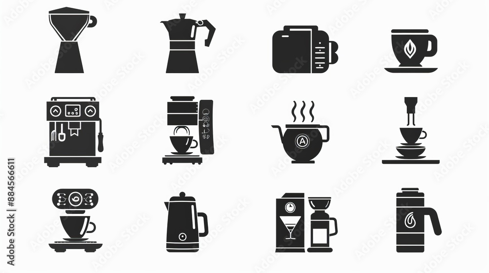 Monochrome icons depicting different coffee-related equipment, such as espresso machines, grinders, and cups, providing a minimalist and artistic representation of coffee culture. Monochrome icons depicting different coffee-related equipment, such as espresso machines, grinders, and cups, providing a minimalist and artistic representation of coffee culture.