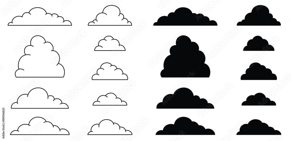 Cartoon Fluffy Clouds with Flat Base Asset Clipart Illustration Set - Outline & Silhouette Cartoon Fluffy Clouds with Flat Base Asset Clipart Illustration Set - Outline & Silhouette