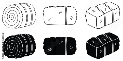 Cartoon Straw Haybale Isolated Clipart Illustration with Round and Square Variations - Outline and Silhouette Stamp
