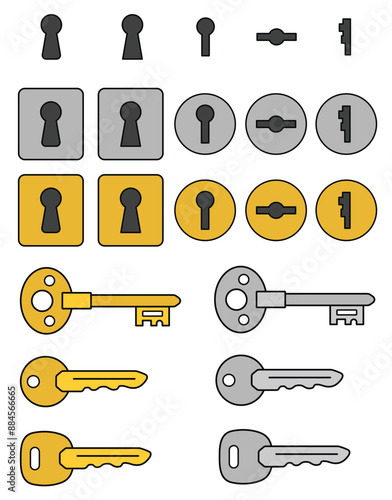 Key and Lock Isolated illustration clipart - Silver and Gold / Brass Colors