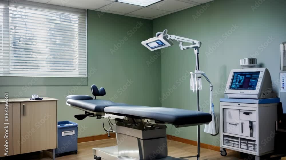 A medical examination room with a comfortable examination chair, large window providing natural light, and essential medical equipment A medical examination room with a comfortable examination chair, large window providing natural light, and essential medical equipment