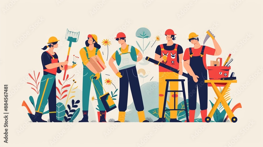 A team of five construction workers and gardeners wearing protective gear and holding various tools, standing together against a backdrop of plants and construction elements. A team of five construction workers and gardeners wearing protective gear and holding various tools, standing together against a backdrop of plants and construction elements.