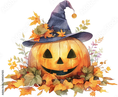 fall autumn halloween with maple leave and berries with horror witch hat and pumpkin jack o lanntern watercolor isolated clipart photo