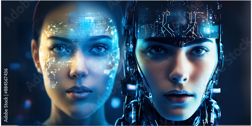 Human and AI Robot Face in Double Exposure Effect , generative ai