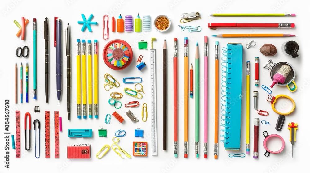 An array of various colorful stationery items such as pencils, pens, rulers, paper clips, and more organized neatly on a surface, depicting creativity, organization, and design. An array of various colorful stationery items such as pencils, pens, rulers, paper clips, and more organized neatly on a surface, depicting creativity, organization, and design.
