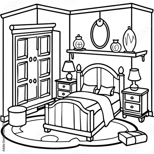 Cute Bedroom Coloring Page Illustration vector
