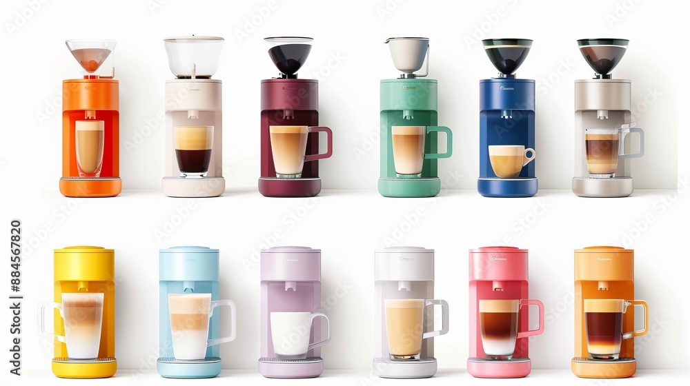A collection of modern coffee machines featuring a variety of colors and styles, each with a coffee cup placed in front, highlighting their design and functionality. A collection of modern coffee machines featuring a variety of colors and styles, each with a coffee cup placed in front, highlighting their design and functionality.