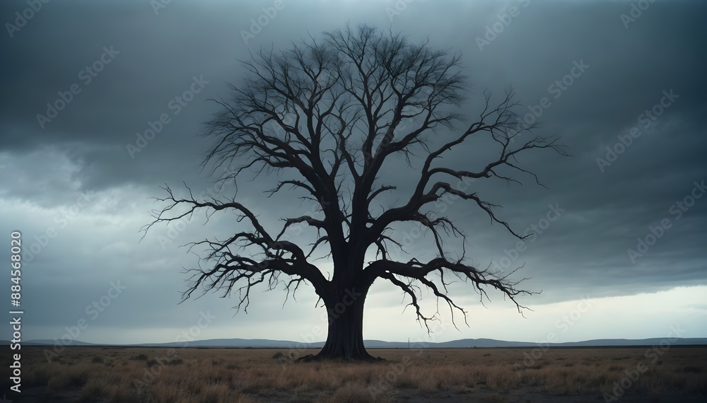 Skeletal Tree on Dark Windswept Plain Beneath Vast Inky Sky Skeletal Tree on Dark Windswept Plain Beneath Vast Inky Sky