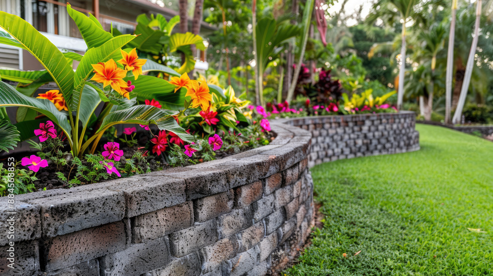 Home garden with stone retaining walls, design of luxury house backyard or tropical landscaped yard. Concept of landscaping, flower, plants, summer Home garden with stone retaining walls, design of luxury house backyard or tropical landscaped yard. Concept of landscaping, flower, plants, summer
