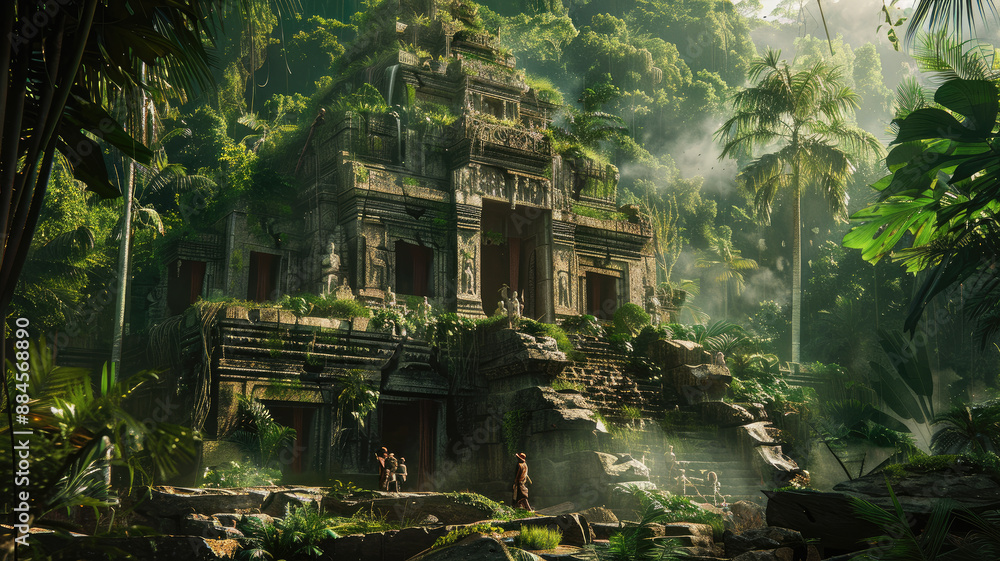Adventurers at lost city in jungle, raiders visit ancient temple in rainforest, scene in wild forest. Concept of adventure, people, explore, travel, journey Adventurers at lost city in jungle, raiders visit ancient temple in rainforest, scene in wild forest. Concept of adventure, people, explore, travel, journey