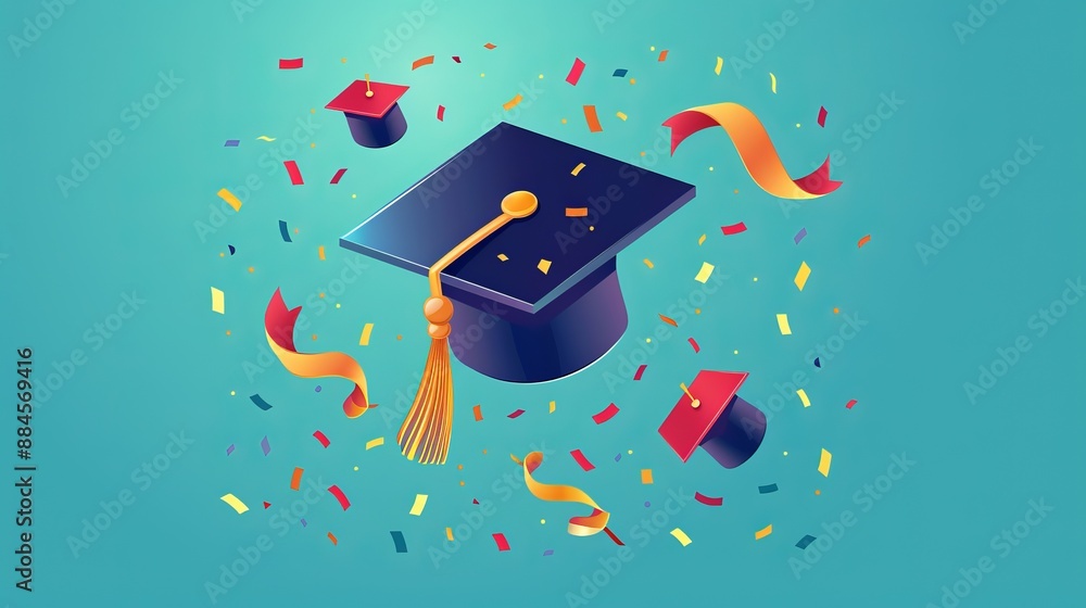 Colorful illustration of a graduation cap surrounded by streamers and ...