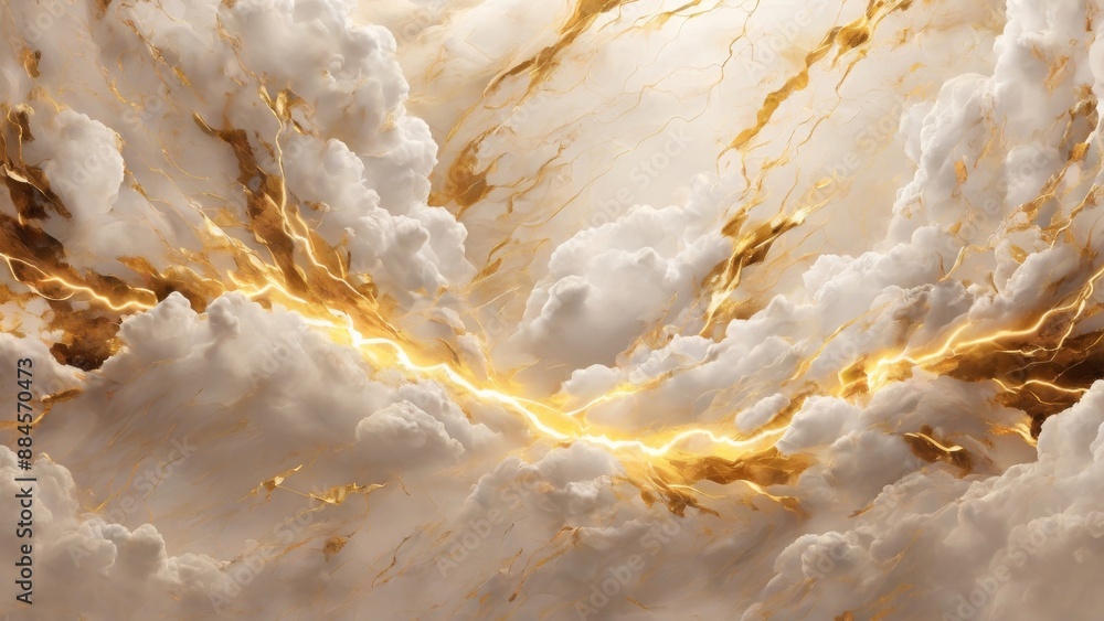 Fototapeta premium abstract background Golden thunderstorm flashes in white cloudy sky.