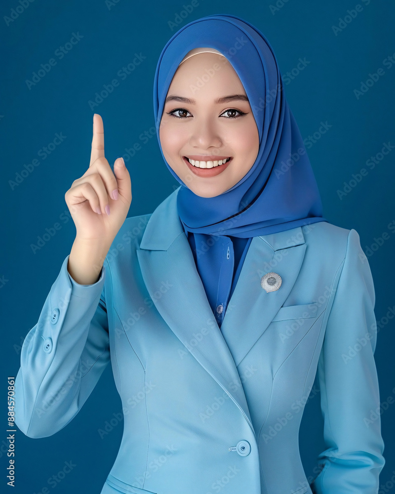A smiling Muslim woman wearing a blue hijab and matching blazer, raising her index finger in a gesture of emphasis, set against a solid blue background A smiling Muslim woman wearing a blue hijab and matching blazer, raising her index finger in a gesture of emphasis, set against a solid blue background