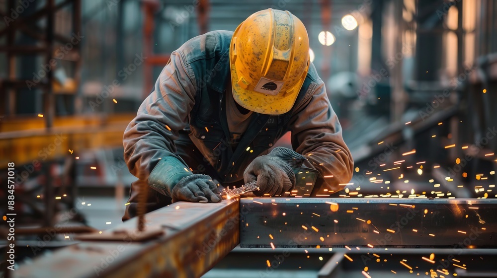 A construction worker is intensely welding a metal beam, causing a burst of sparks, emphasizing the skill, focus, and precision required in industrial metal construction. A construction worker is intensely welding a metal beam, causing a burst of sparks, emphasizing the skill, focus, and precision required in industrial metal construction.