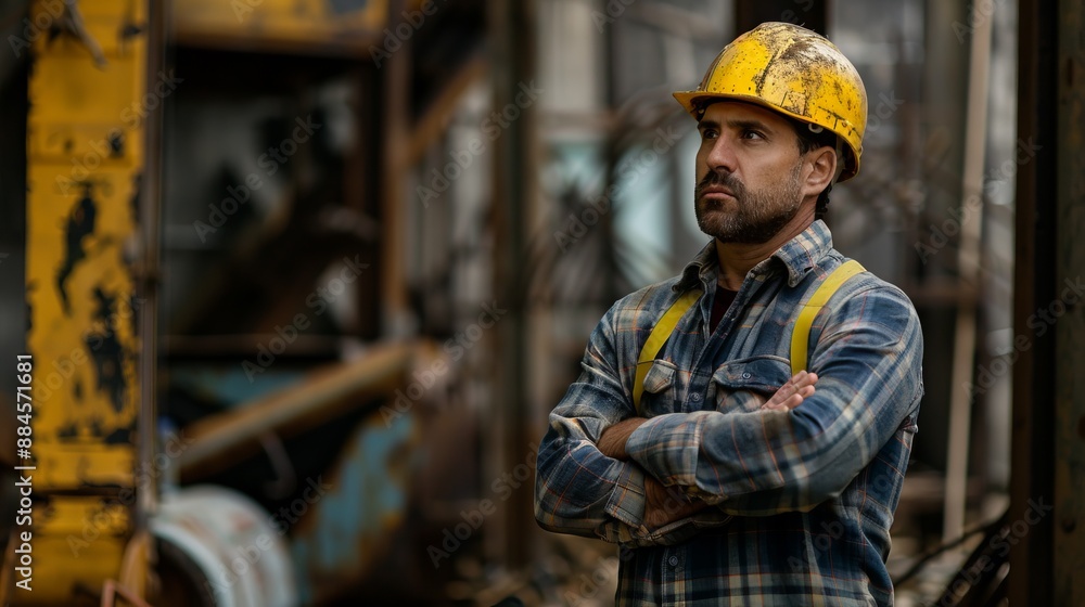 A worker wearing a hard hat and a plaid shirt stands with folded arms at a construction site, surrounded by machinery and structural elements in an industrial setting. A worker wearing a hard hat and a plaid shirt stands with folded arms at a construction site, surrounded by machinery and structural elements in an industrial setting.