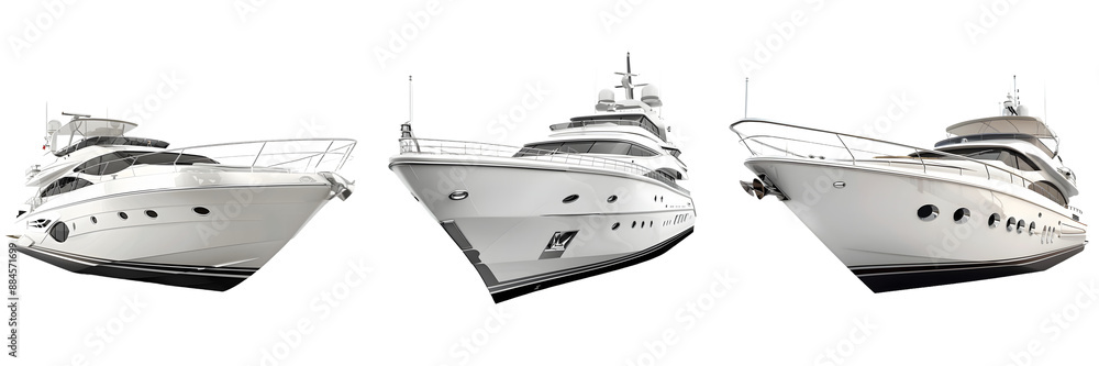 Luxury yacht side view, top-down view, and front view isolated on a white background, png Luxury yacht side view, top-down view, and front view isolated on a white background, png