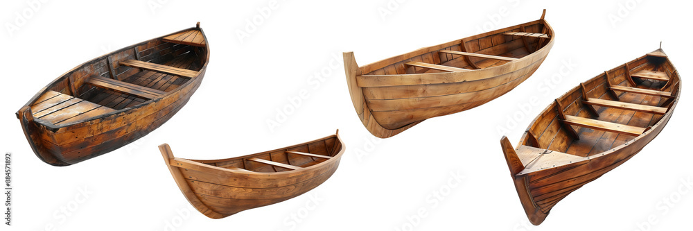Wooden canoe side view, angled view, and overhead view isolated on a white background, png Wooden canoe side view, angled view, and overhead view isolated on a white background, png