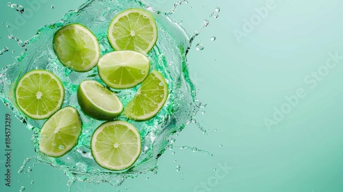 Fresh lime slices splashing in water on a green background, showcasing vibrant citrus fruits and refreshing summer vibes.