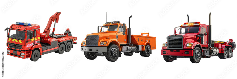Utility truck collection with fire rescue, dump truck, and semi-truck isolated on a white background, png Utility truck collection with fire rescue, dump truck, and semi-truck isolated on a white background, png