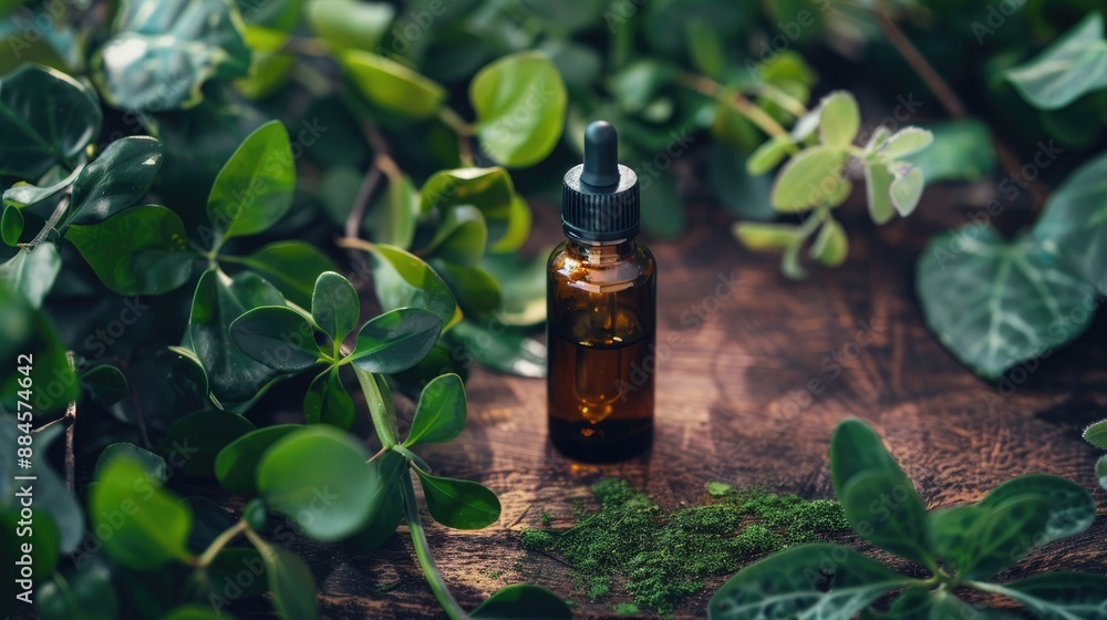 Essential oil bottle on wooden desk among green leaves Essential oil bottle on wooden desk among green leaves