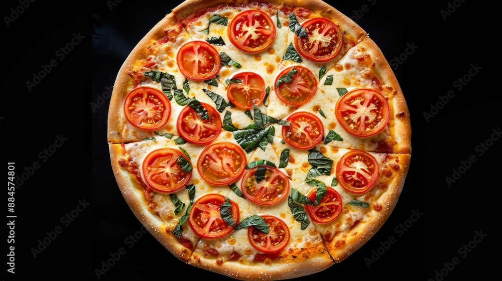 Pizza Margherita on black background, top view. Pizza Margarita with Tomatoes, Basil and Mozzarella Cheese close up. Pizza Margherita on black background, top view. Pizza Margarita with Tomatoes, Basil and Mozzarella Cheese close up.