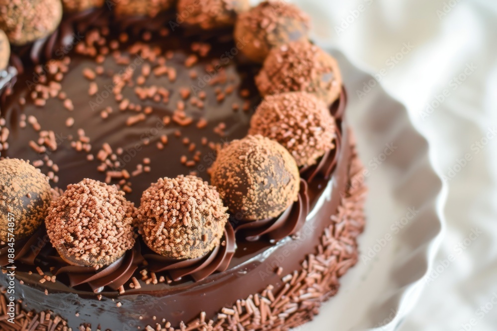 Chocolate cake decorated with chocolate truffles on a white plate. Dessert and celebration concept Chocolate cake decorated with chocolate truffles on a white plate. Dessert and celebration concept