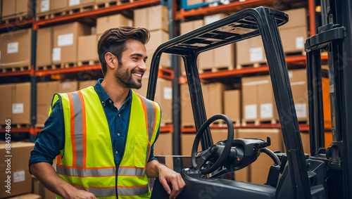 Smiling man in warehouse, forklift