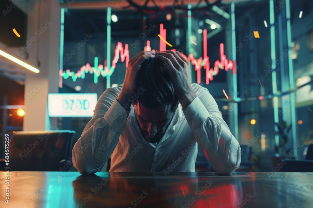 Frustrated businessman holding head with stock market charts in background. Office environment with financial crisis concept. Frustrated businessman holding head with stock market charts in background. Office environment with financial crisis concept.
