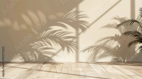 Fototapeta Naklejka Na Ścianę i Meble -  Corporate branding ad template with palm leaf shadows on beige wall wooden floor empty room design with copy space