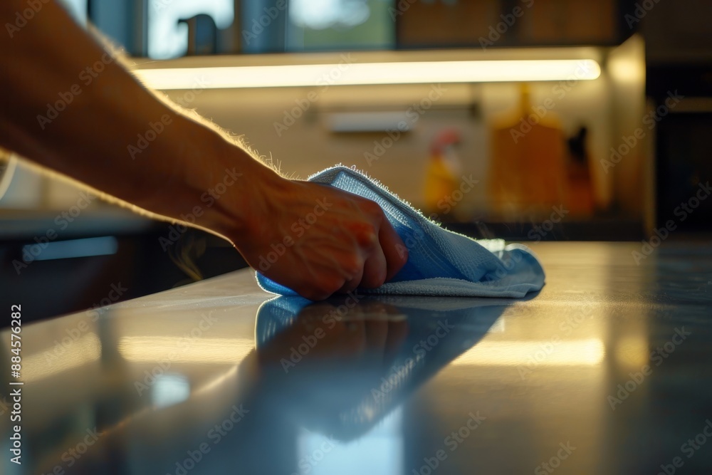 Hand wiping a kitchen counter with a blue cloth. Macro shot for cleaning and maintenance concept. Hand wiping a kitchen counter with a blue cloth. Macro shot for cleaning and maintenance concept.