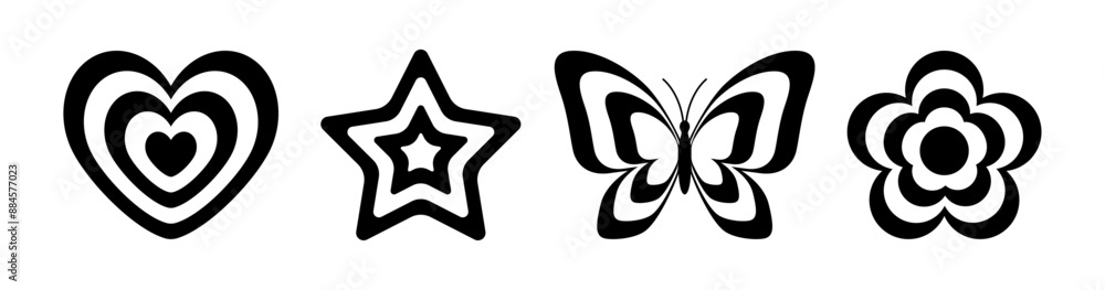 Y2k stickers set. Butterfly, daisy, heart, star. Set of vector elements in trendy retro style. Black and white Y2k stickers set. Butterfly, daisy, heart, star. Set of vector elements in trendy retro style. Black and white