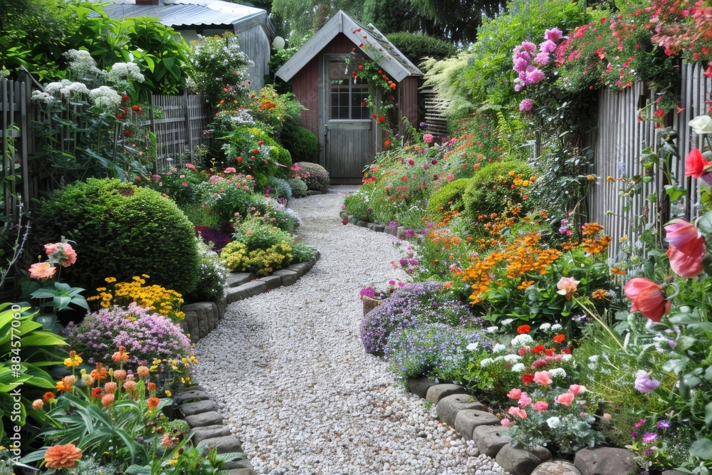 Fototapeta premium Colorful cottage garden with vibrant flowers and neatly arranged plants creating a charming landscape