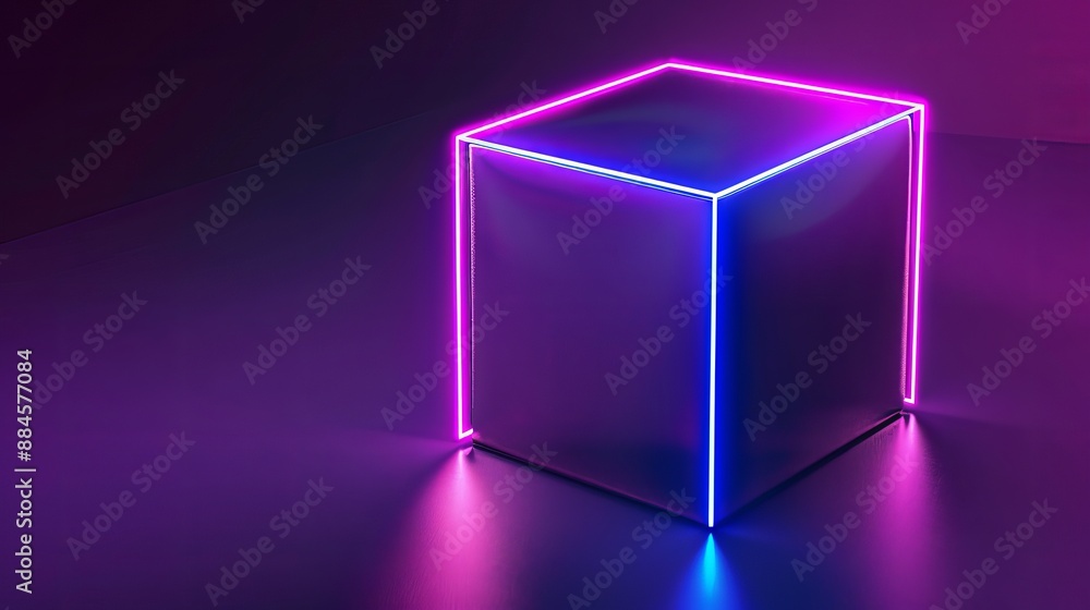 Neon cube box glows in ultraviolet light, creating an abstract 3D background. Neon cube box glows in ultraviolet light, creating an abstract 3D background.