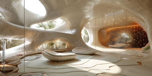 Beautiful modern Futuristic bionic forms architecture. Indoor space interior. Concrete, glass, plants. Digital art. Social media post, graphic element, banner, print, wallpaper. Generative Ai content