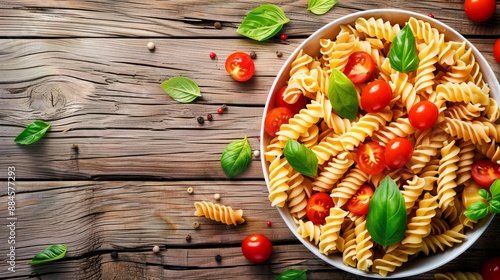 pasta with cherry tomatoes and basil on wooden background 