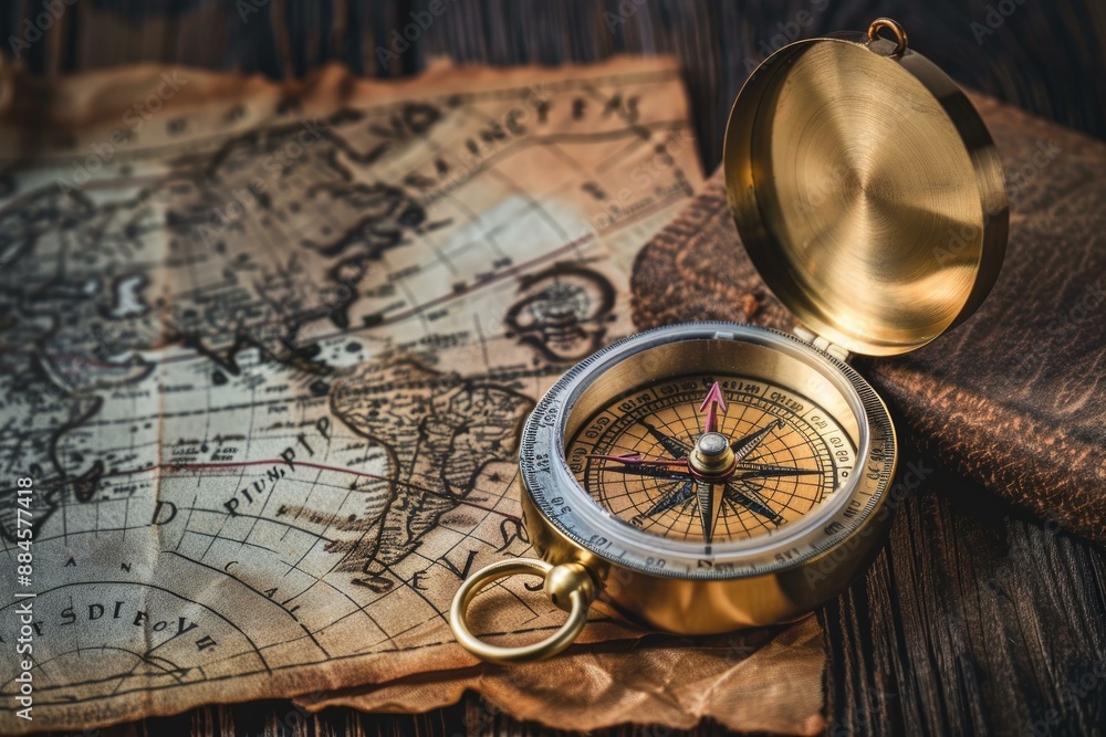 Elegant brass compass lies on an old, intricate map, symbolizing navigation and exploration Elegant brass compass lies on an old, intricate map, symbolizing navigation and exploration