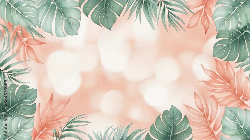 Tropical leaf frame against bokeh background. Summer leaf frame. Tropical summer plants Leaves, flowers border frame animation with a copy space area animation Tropical leaf frame against bokeh background. Summer leaf frame. Tropical summer plants Leaves, flowers border frame animation with a copy space area animation