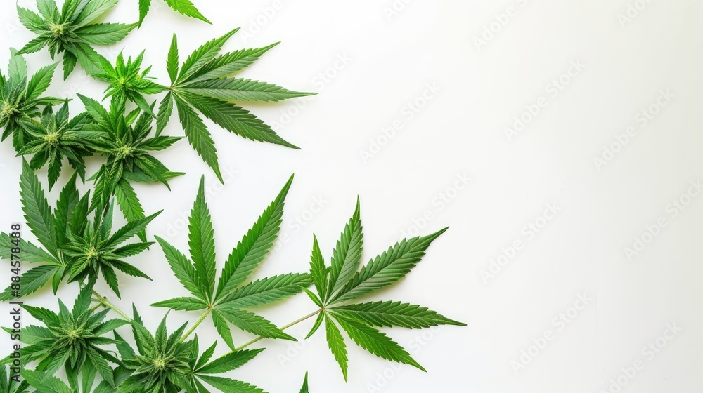 Leaves of Cannabis or Marijuana on a white background with room for text Leaves of Cannabis or Marijuana on a white background with room for text