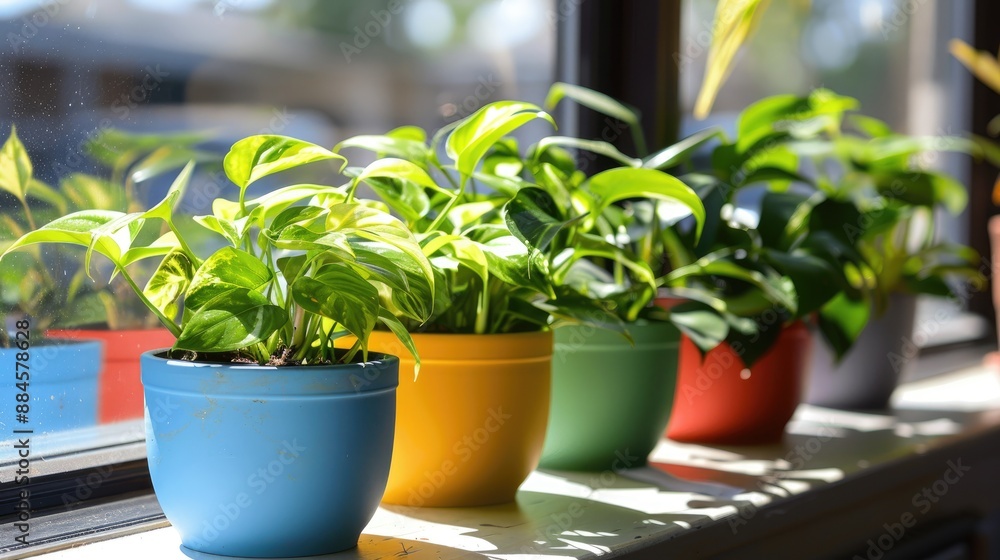 Pothos in colorful clay pots on office window table Pothos in colorful clay pots on office window table