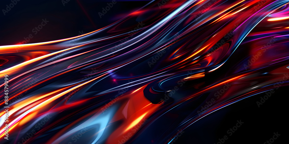 Abstract 3d rendering of liquid glass in the form of a wave with a red blue orange gradient. Banner design element. abstract multicolored glass wave on a dark background
