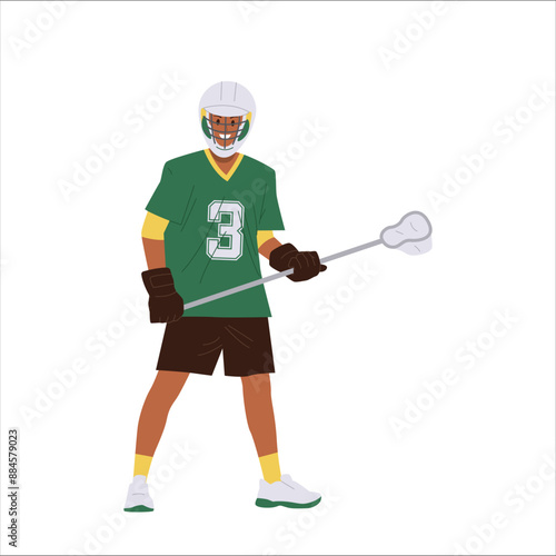 Happy smiling lacrosse player cartoon male character wearing traditional uniform holding club
