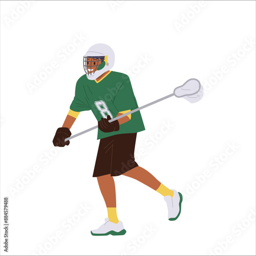 Enthusiastic experienced lacrosse player cartoon male character playing game match isolated on white