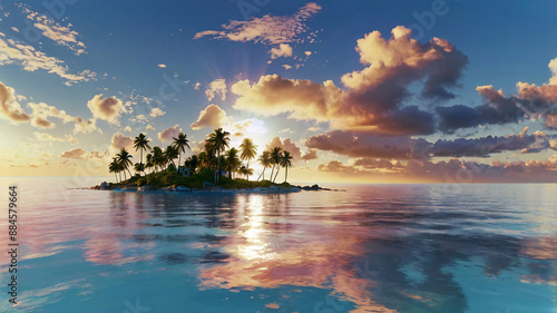 Fototapeta Naklejka Na Ścianę i Meble -  Tropical island with a palm tree at sunset. HDRI environment map