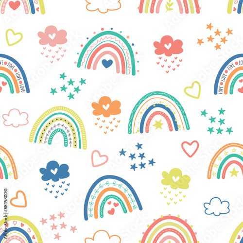 Cute hand-drawn colorful boho rainbow nursery seamless pattern background wallpaper. kids cartoon playful doodle digital paper backdrop