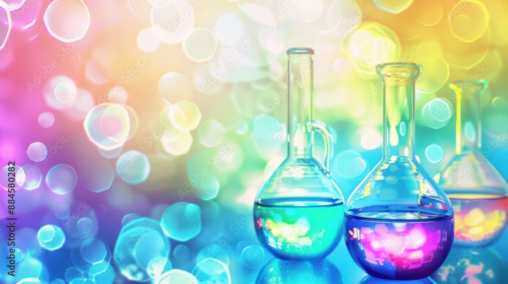 Colorful Chemistry Flasks with Bokeh Background Colorful Chemistry Flasks with Bokeh Background